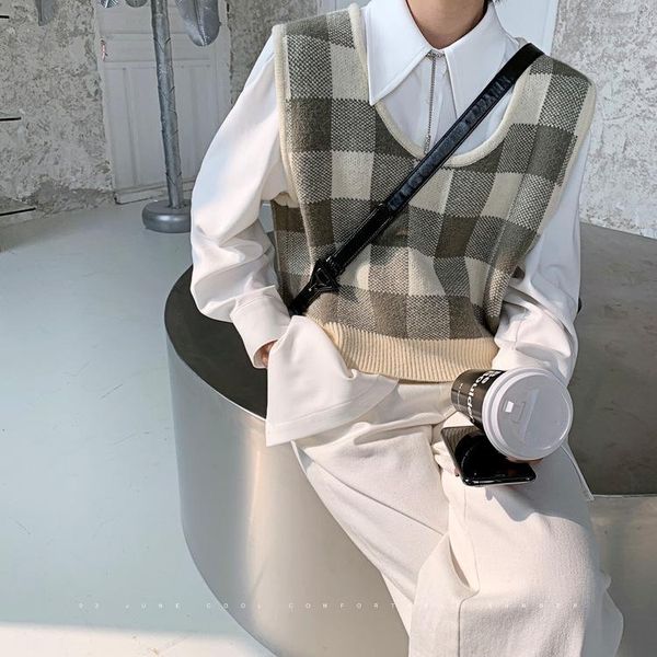 

women's vests women fashion oversized houndstooth knitted vest sweater vintage sleeveless side vents loose female waistcoat pullover ch, Black;white