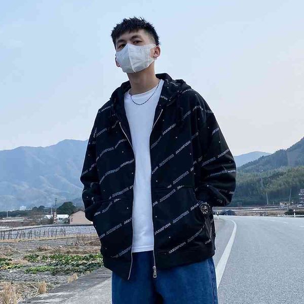 

yaxs spring and autumn letter zipper sweater men's fashion ins loose large upper garment couple hooded cardigan jacket, Black