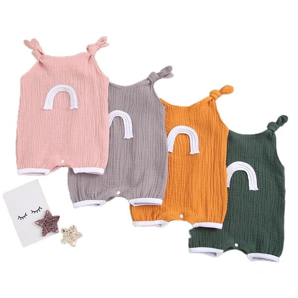 

jumpsuits 4 colors born baby clothes solid rainbow rompers toddler infant girls sleeveless knot cotton linen casual, Blue