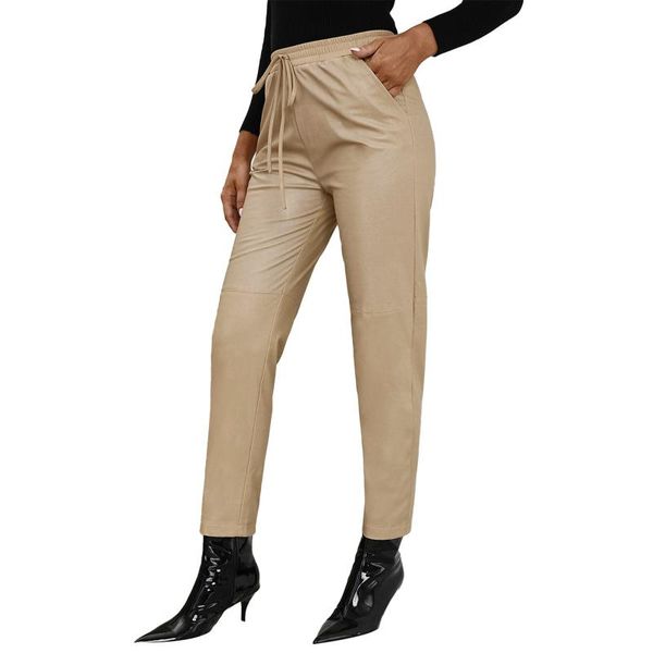 

women's leggings female polyester drawstring trousers solid color high elastic waist long straight-leg pants for spring fall, Black