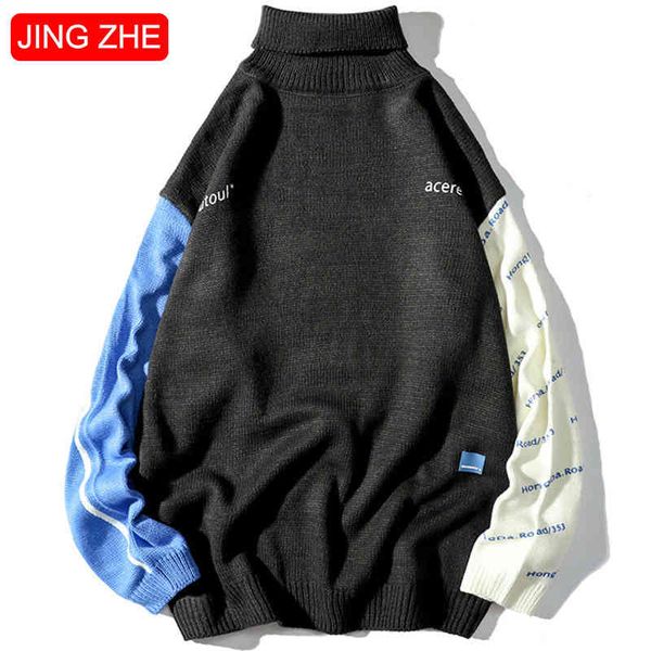 

jing zhe vintage winter sweaters 2021 pullover s turtleneck korean fashion sweater men casual harajuku cloth streetwear, White;black