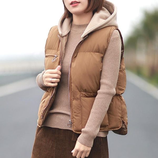 

women's vests korean style chic short cotton padded vest with hat, warm winter hooded coat and jacket sleeveless waistcoat, Black;white