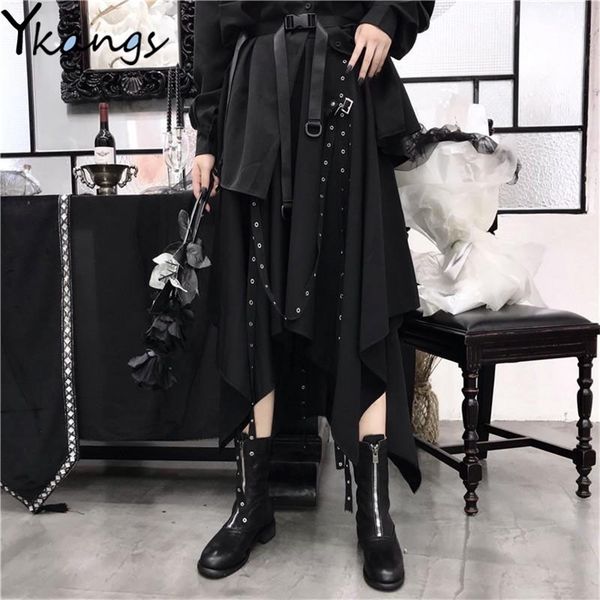

gothic black harajuku high waist midi skirt women punk hip hop ribbon buckle irregular long skirts streetwear pleated skirt 210421
