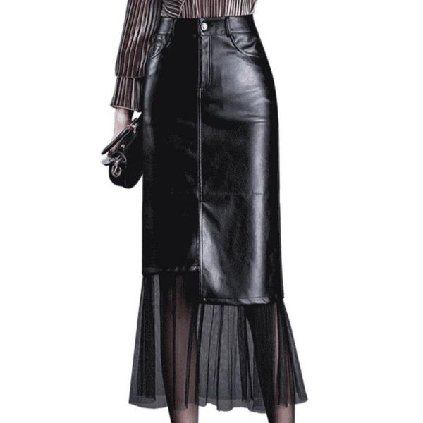 

skirts autumn winter women skirt fashion high waist pu leather patchwork mesh plus size 4xl, Black