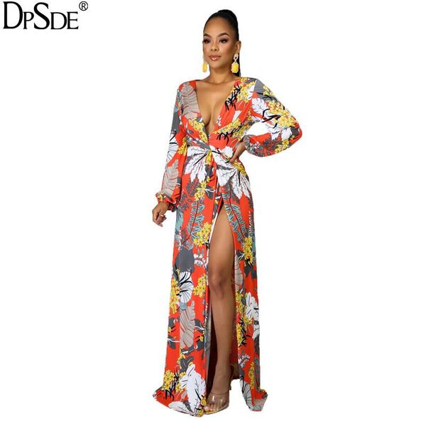 

casual dresses 2021 women fashion holiday style long sleeve deep v printed open fork floor-length, Black;gray