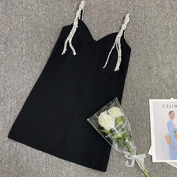 

casual dresses 2021 summer ladies french shiny tassel rhinestone slim waist black mini dress women's fairy elegant v-neck strap, Black;gray