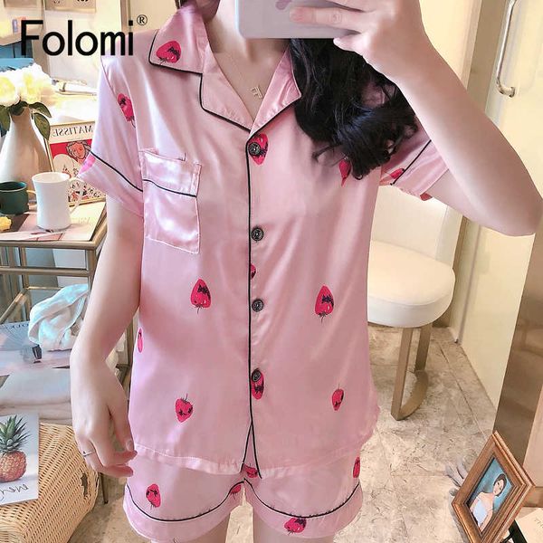 

printing short sleeve silk pajamas set two pieces set women sleepwear cute nightwear for women sleeping set 210713, Black;red