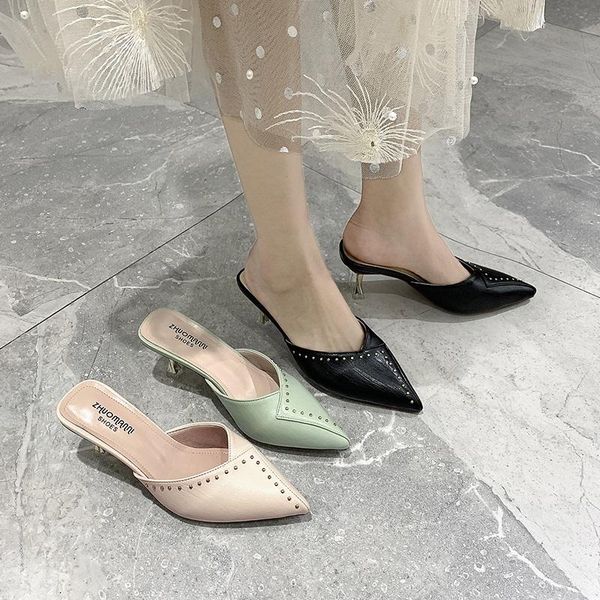 

slippers mules shoes women pointed toe heels 2021 rivet high-heeled stilettos outside 3 colors, Black