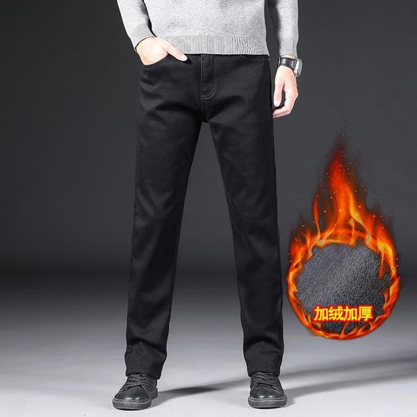 

men's jeans winter fleece black business casual thicken warm regular fit stretch denim straight trousers male brand, Blue