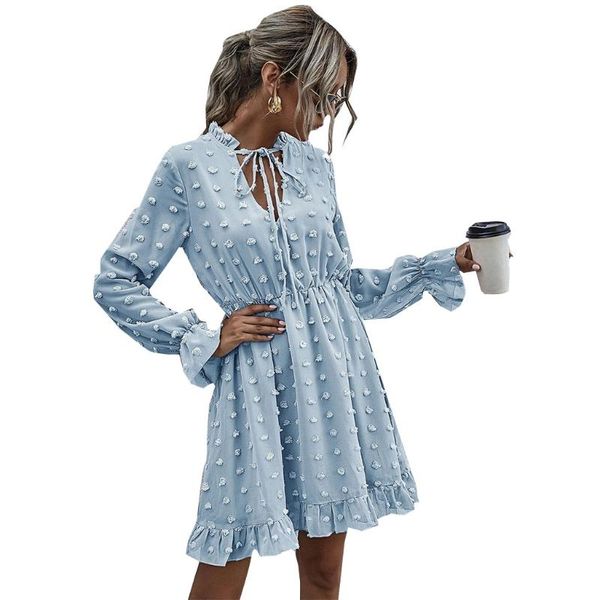 

casual dresses womens long sleeve tie neck swiss dot ruffle hem flowy short dress solid color a-line loose beach sundress, Black;gray
