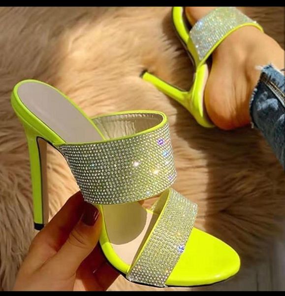 

slippers crystal shoes woman peep toe high heel dress summer fashion slip on thin heels slides women party mules, Black