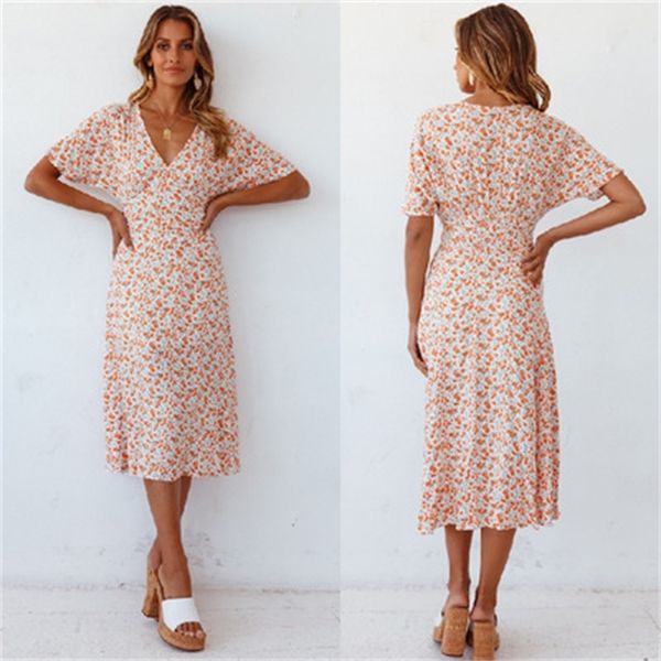 

Boutique Dress 2021 Printed Short Sleeve V-neck Pleated Long, Pink