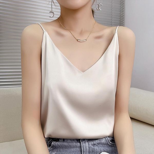 

summer shiny v neck womens tanks satin silk harajuku t shirt sleeveless fashion 100%real woman tee casual sexy, White