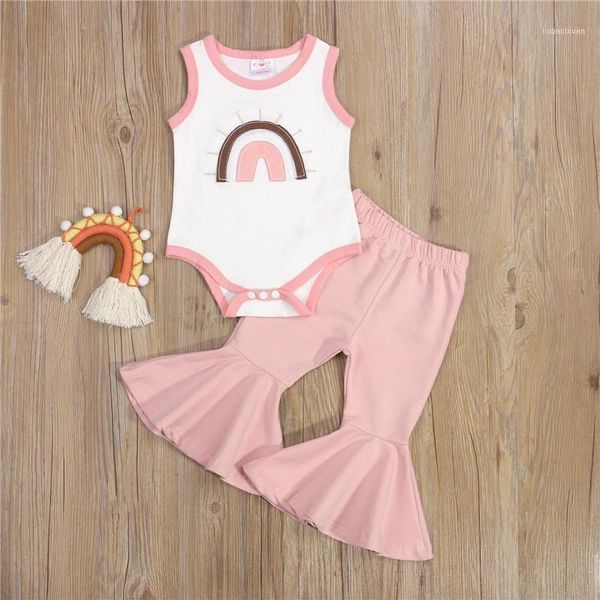 

clothing sets 2pcs baby summer outfits rainbow embroidery sleeveless romper trousers toddler girls1, White