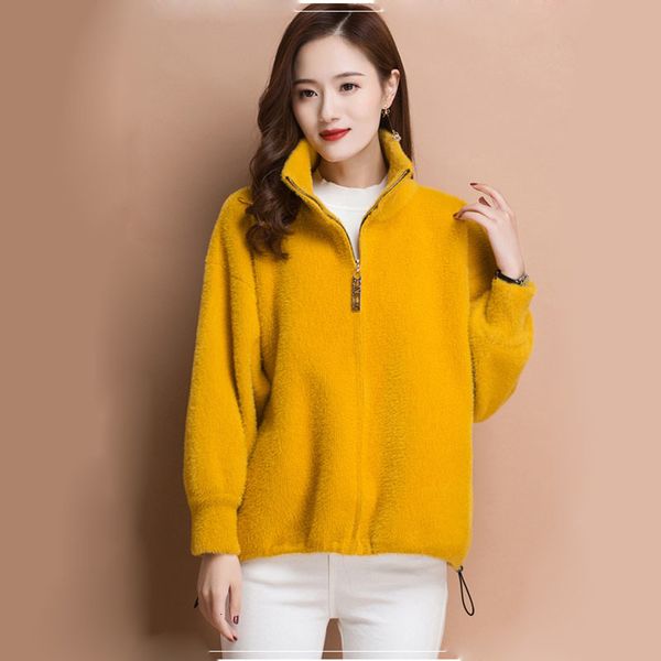 

women's wool & blends women loose autumn coat faux knitted coats female long sleeve plus size ladies fall jacket femme knitwear outwear, Black