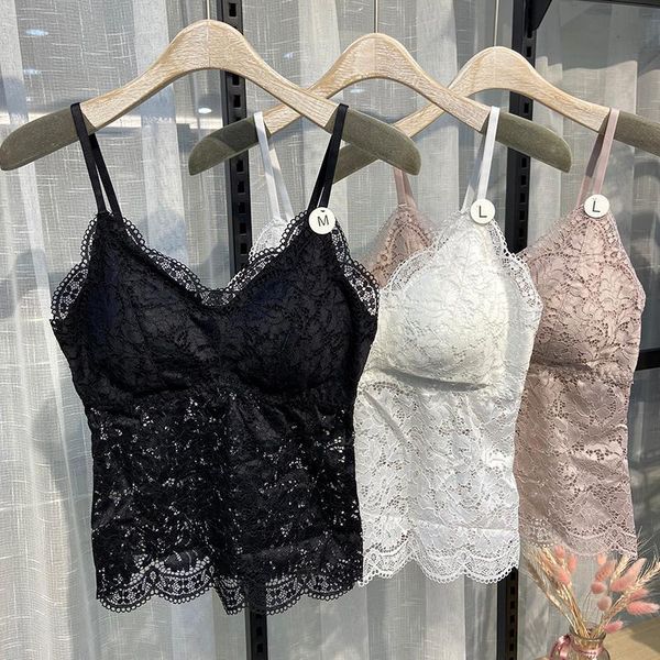 

women's tanks & camis european and american style hollow lace strap female summer breathable soft cotton cup bra bottoming vest be, White