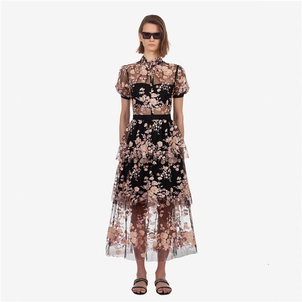 

casual dresses luxury women mesh long self portrait runway summer embroidery floral sequined patchwork ruffles holiday dress 9gju, Black;gray
