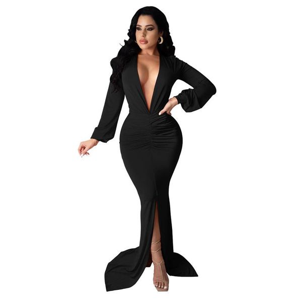 

casual dresses women autumn party long dress fashion v-neck sleeves for ladies fold solid color drop, Black;gray