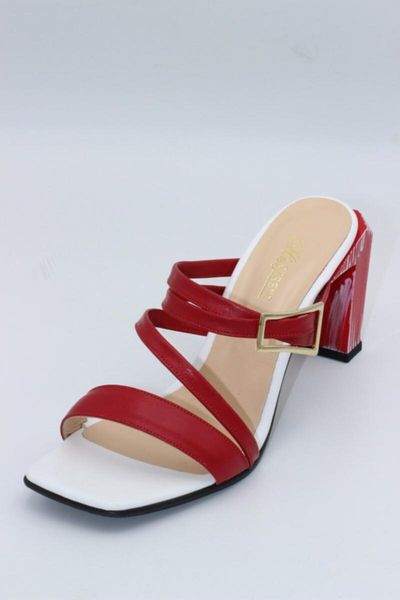 

sandals women's genuine leather red white buckled mid heels, Black