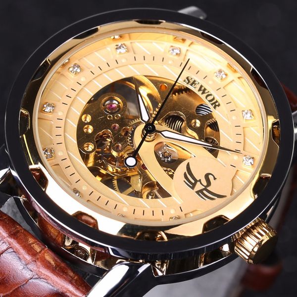 

sewor swarch men's manual creative double sided hollow belt mechanical watch korean trendy personality table, Slivery;brown