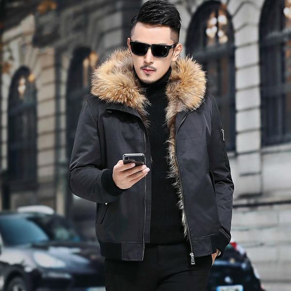

men's leather & faux real fur coat men parka short winter jacket for natural raccoon collar warm luxury coats abrigo hombre m18c0544, Black