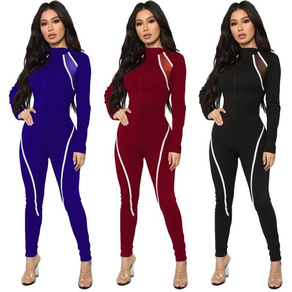 

autumn crew neck skinny casual jumpsuit women long sleeve front zipper mesh spliced see through women's rompers fitness overalls jumpsu, Black;white
