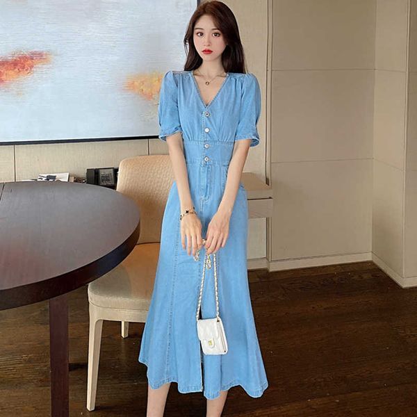 

women's t-shirt v-neck sleeve midi long mermaid denim women french chic single-breasted empire waisted slit wrap es jeans jurk pdd, White