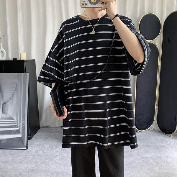 

summer cotton short-sleeved t-shirt men's fashion casual tshirt men streetwear korean loose striped t shirt mens m-2xl t-shirts, White;black