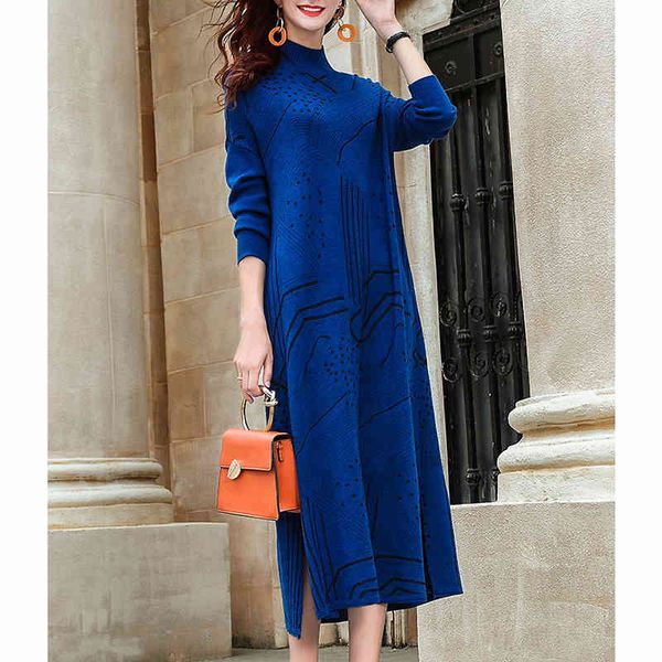 

2021 vintage blue 3xl plus size knit turtleneck wool sweater midi dress autumn winter casual women elegant bodycon long sweaters, White;black