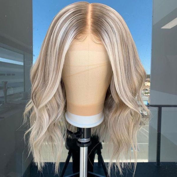 

lace wigs remy 26 inch blonde ombre 613 highlight body wave front for women brazilian human hair with baby pre plucked, Black;brown