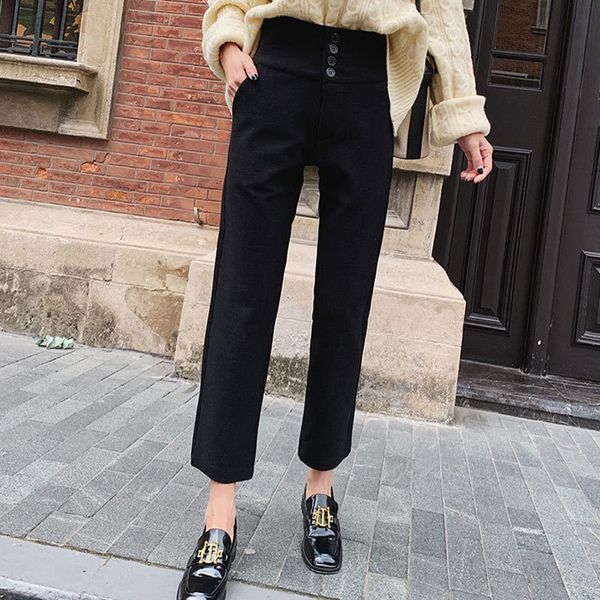 

women's tracksuits high waist woolen harem pants female button loose warm straight autumn winter ladies solid korean trousers t5r6, Gray