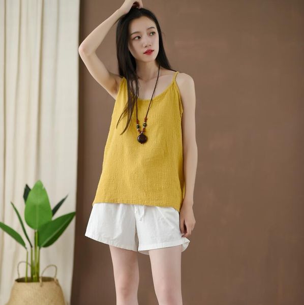 

johnature women cotton linen camis solid color summer sleeveless vintage 8 color women cloths soft camis 210521, White