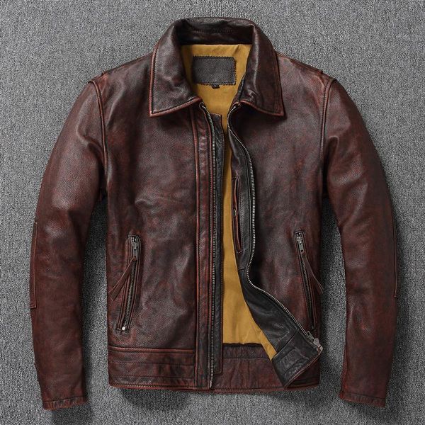 

men's leather & faux layer cow oversized jacket red-brown american retro motorcycle style color distressed high sense coat, Black
