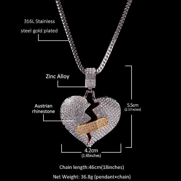 

hip hop new full diamond band aid broken heart pendant broken heart alloy necklace ok tension love pendant, Silver