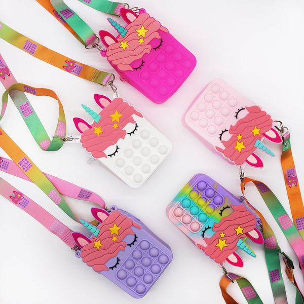 Mini Duyusal Kare Unicorn Fidget Çantalar Karikatür Crossbody Zincir Çanta itme Kabarcık Popper Sırt Çantası Çocuklar Toddler Fanny Paketleri Erkek Kız Noel Hediyesi G96KJQS