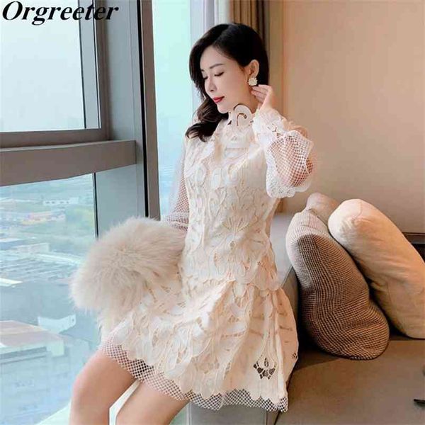 

fashion beige lace dress for women long lantern sleeve hollow mesh patchwork embroidery short party 210602, Black;gray