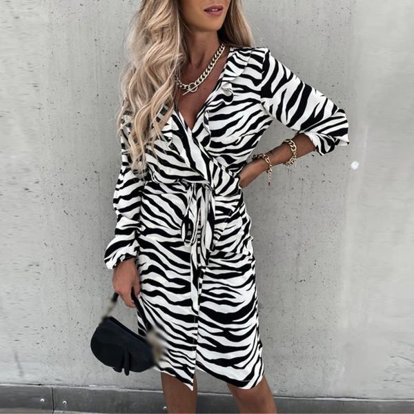 

casual dresses autumn long sleeve zebra striped mini dress women elegant ruffle slim v neck tie-up wrap party vestidos, Black;gray
