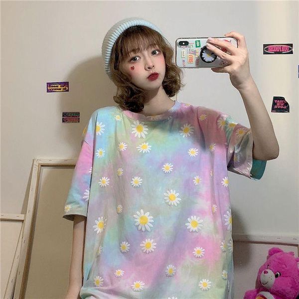 

women's t-shirt small daisy print women tshirt tie dye korean t shirts summer short sleeve fashion preppy couple clothes tee shirt, White