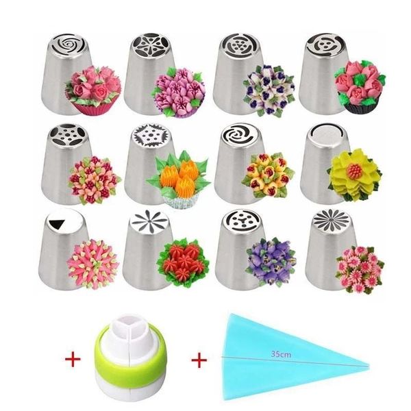 

14pcs russian decorating mouth set stainless steel extruded flower head converter baking utensils kitchen gadgets decoration kit & pastry to