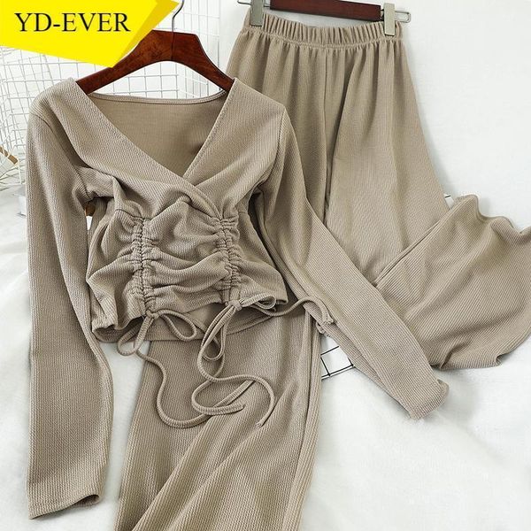 

women 2 pieces set korean summer casual v neck drawstring lace up high waist hip wide leg pants fashion suits 1d218 women's tracksuits, Gray