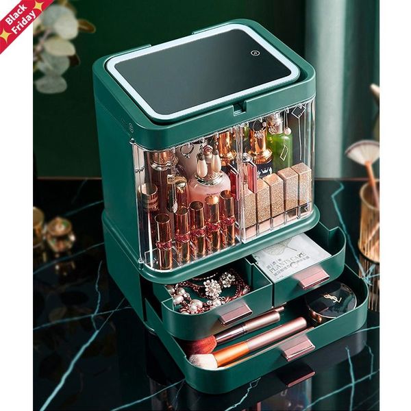 

cosmetic storage box with mirror led light deskmakeup organizer case dust-proof drawer type for cosmetics boxes & bins
