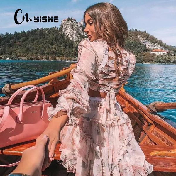 

cnyishe sweet print ruffles dress female lantern v neck long sleeve hollow out backless bandage women dresses vestidos robe 210419, Black;gray