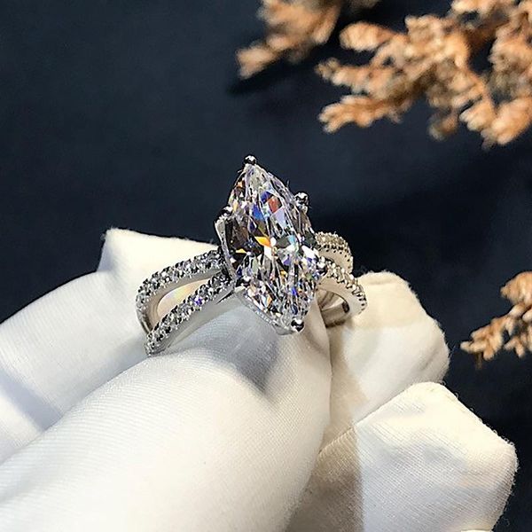 

cluster rings luxury marquise cut 3ct simulated diamond ring 925 sterling silver promise engagement wedding band for women party jewelry, Golden;silver