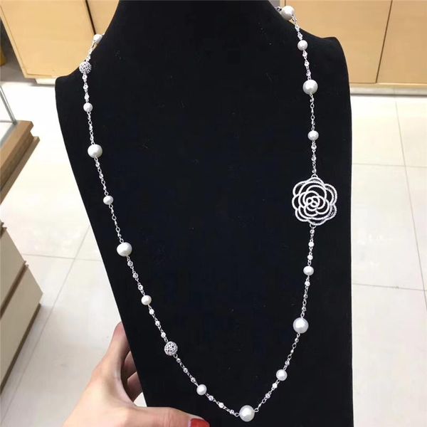 

chains habitoo gorgeous natural 10-11mm white cultured freshwater pearl hollow out camellia accessories chain necklace fashion jewelry, Silver