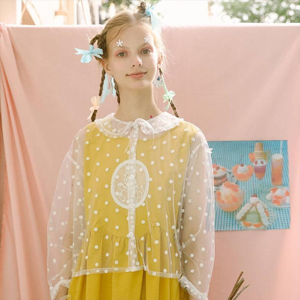 

summer lace peter pan womens shirts collar dots translucent sun protection clothing long sleeve sweet top, White
