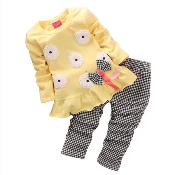 

spring babi girl clothing set children flower bow cute suit 2pcs kids long sleeve twinset t shirt pants, White