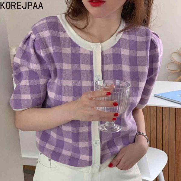 

women sweater summer korean gentle temperament hemming design plaid single-breasted short-sleeved knit cardigan 210514, White;black