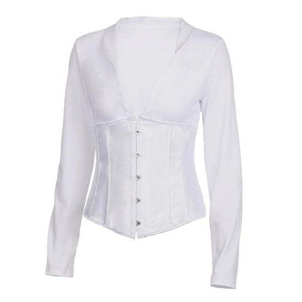 

women's blouses & shirts vintage steel boned corset women v neck long sleeved lace-up bandage shirt 2021 clubwear summer womens, White