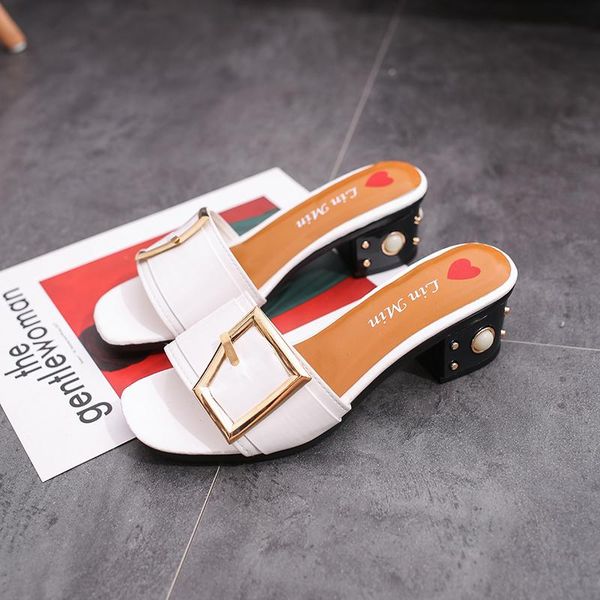 

summer wear 2021 thick heel water drill open toe middle fashion sandals lazy shoes word cool drag high heels slippers, Black
