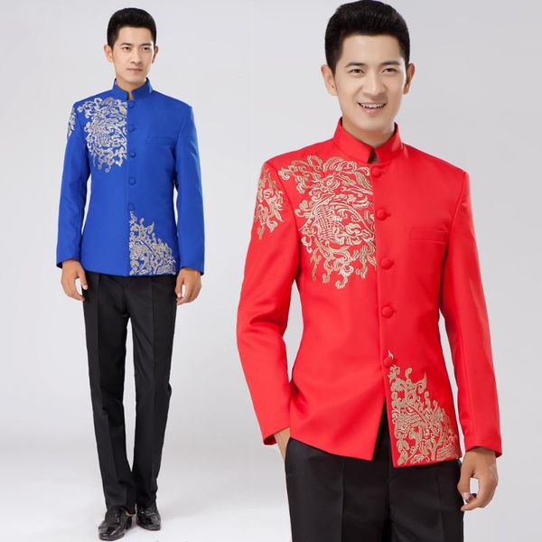 

red tunic traditional stand collar suits costume male embroidery dragon totem suit chinese wedding dress ancient men's & blazers, White;black